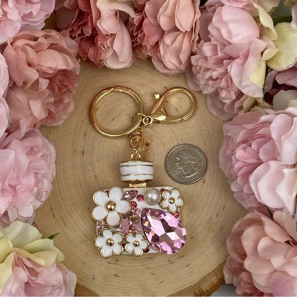 Pink Crystal Flower Perfume Bottle Keychain Charm - Picture 16 of 16
